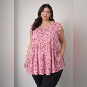 Lily White Pink Floral Ruffle Sleeve Babydoll Top Plus Size 2X Boho Feminine